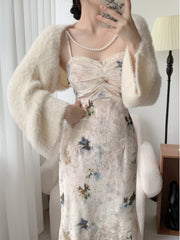 Conjunto de 2 piezas de vestido y bolero de terciopelo y perlas