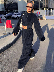 Plush Comfort Loose Mdriff Baring Long Sleeves Gym Suit