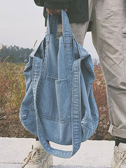 Vintage Solid Denim Spliced Shoulder Bags