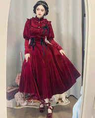Ruby Victorian-Vintage-Academia Burgundy-Red Velvet Dress