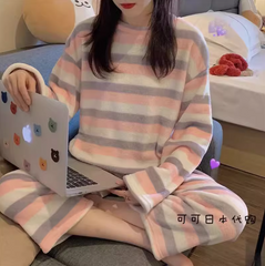 Stripes Plush Warm Cozy Pants Long Sleeve Home Pajama