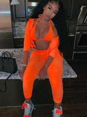 Sudadera con capucha y pantalones deportivos de felpa sólida con cremallera