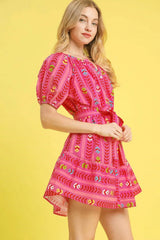 Printed Tie Waist Puff Short Sleeve Mini Dress