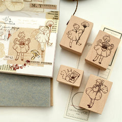 Sellos de niña y ardilla en otoño