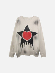 Dark Tie-dye Ripped Five-pointed Star Love Knitted Sweater
