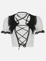 Lace Patchwork Straps Short Sleeve T Shirt