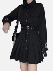 Dark Techwear Belt Pleated Shirt Dress