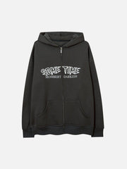 Circle Letters Print Fleece Zip Up Hoodie