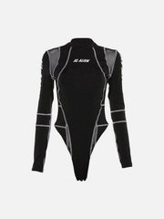Mesh Patchwork Half Turtleneck Long Sleeve Bodysuit