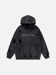 Ripped Hole Letters Embroidery Washed Hoodie