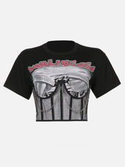 Dark Mesh Patchwork Chain Short Sleeve T Shirt