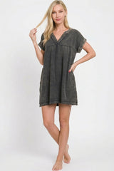 Washed Double Gauze Raw Edge V-neck Dress