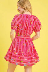Printed Tie Waist Puff Short Sleeve Mini Dress
