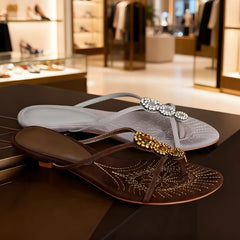 Wear Low-Heeled Slippers Rhinestone One-Band Sandals