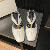 Style Square Head Soft Leather Wedge Slides Pleated Baotou Thick Heel