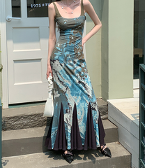 Vestido largo gótico abstracto de malla verde