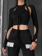 Straps Hollowout Two Piece Long Sleeve Shirt