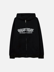 Circle Letters Print Fleece Zip Up Hoodie