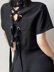 Back Cross Tie Hollow Crop Short Sleeve