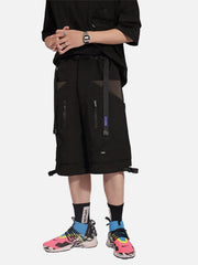 Patchwork Ribbon Zip Up Pocket Drawstring Function Shorts
