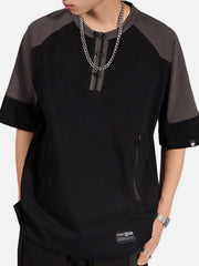 Patchwork Disc Buckle Zip Up Pocket Tee
