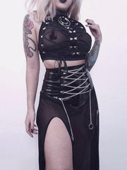 Dark Lace-up Mesh Sexy Vest