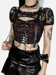Lace Sheer Navel Tie Off Shoulder Mesh T Shirt