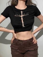 Cross Hollow Out Pins Short Sleeve T Shirt