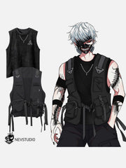 Function Dark Ninja Ribbons Pockets Cardigan Vest