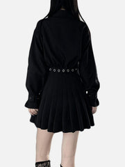 Dark Techwear Belt Pleated Shirt Dress