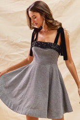 Houndstooth Fit Flare Mini Dress with Shoulder Tie