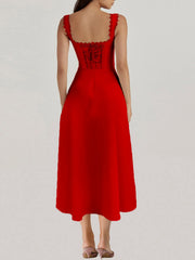 V-Neck Midi Dress with Back Lace-Up