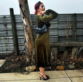 V-Neck Long Sleeve Midi Dress