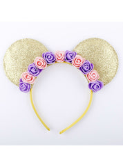 Lindas diademas con orejas de ratón y flor de rosa