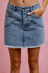 Washed Denim Floral Contrast Pockets Mini Skirt