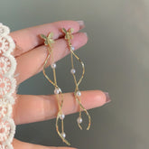 Long Chain Pearl Tassel Butterfly Stud Earrings