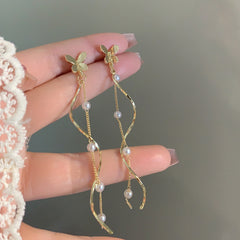 Long Chain Pearl Tassel Butterfly Stud Earrings