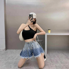 Shorts vaqueros con flecos en degradado azul