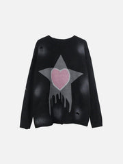 Dark Tie-dye Ripped Five-pointed Star Love Knitted Sweater