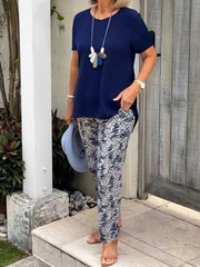 Full Size Round Neck Short Sleeve Top and Pants Set Plus Size