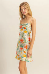 Floral Cowl Neck Flirty Satin Mini Dress