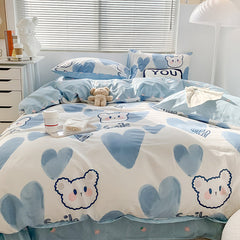 Juego de cama con diseño de oso y corazón azul