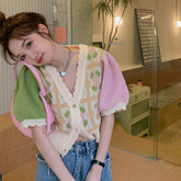 Colorblock Puff Sleeve Knit Cardigan