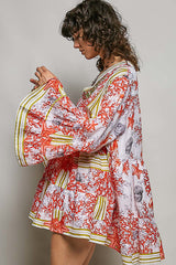 Striped Floral Long Sleeve Mini Dress with Pintuck Detail
