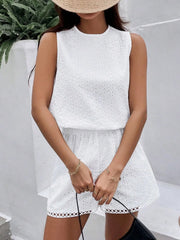 Eyelet Round Neck Top and Shorts Set