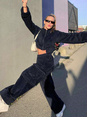 Plush Comfort Loose Mdriff Baring Long Sleeves Gym Suit