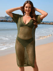 Slit Openwork Short Sleeve Cover-Up