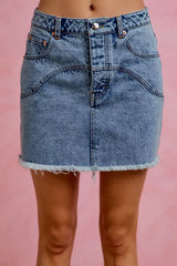 Washed Denim Floral Contrast Pockets Mini Skirt