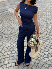 Asymmetrical Neck Top and Pants Set