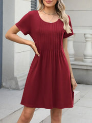 Pleated Front Round Neck Swing Dress